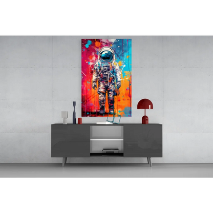Vibrant cosmic astronaut wall art canvas print with bold red orange blue splashes