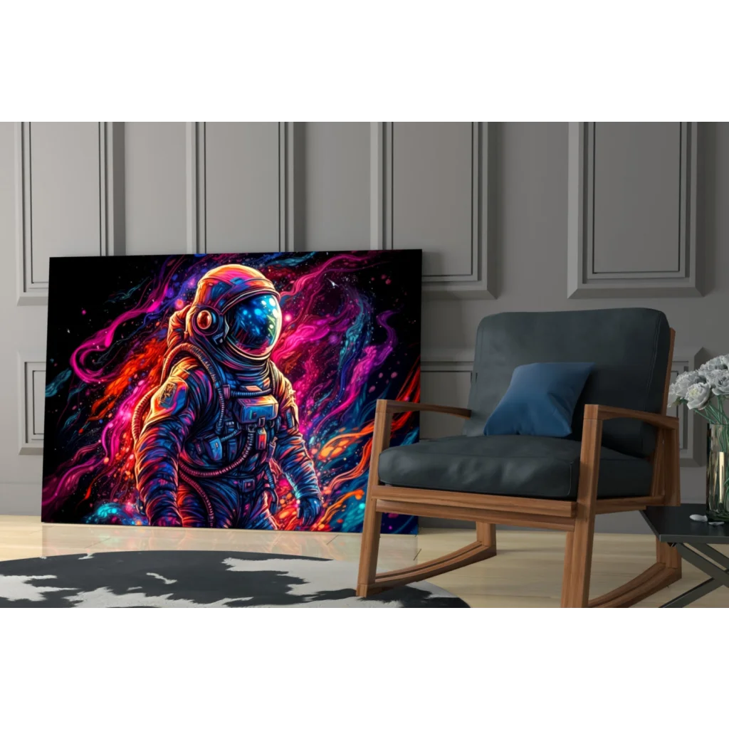 Vibrant neon astronaut canvas wall art print with cosmic swirls