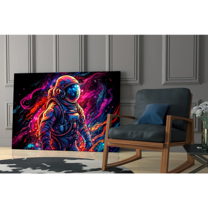 Vibrant neon astronaut canvas wall art print with cosmic swirls
