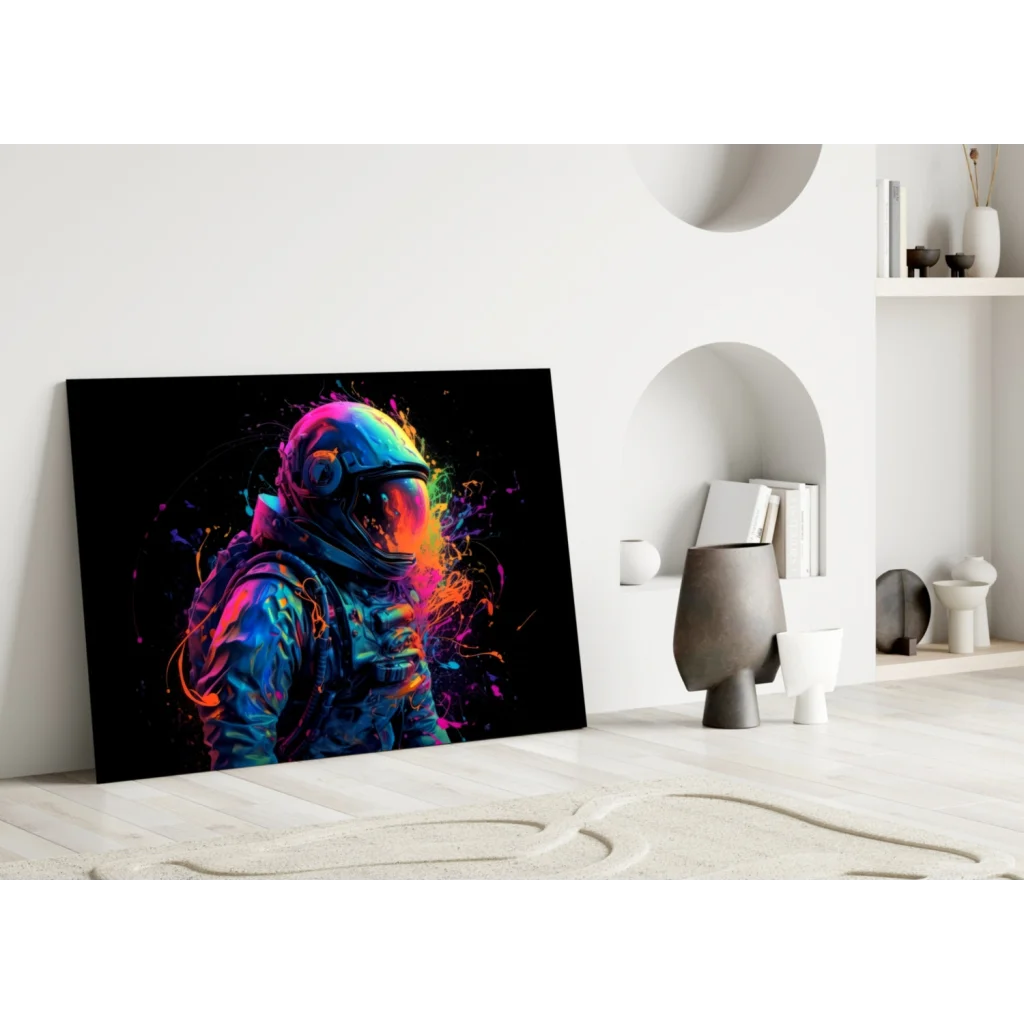 Neon astronaut glass wall art with vibrant rainbow splashes