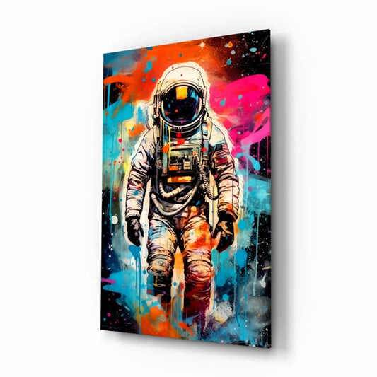 Vibrant cosmic astronaut canvas wall art with orange, pink, blue paint splashes