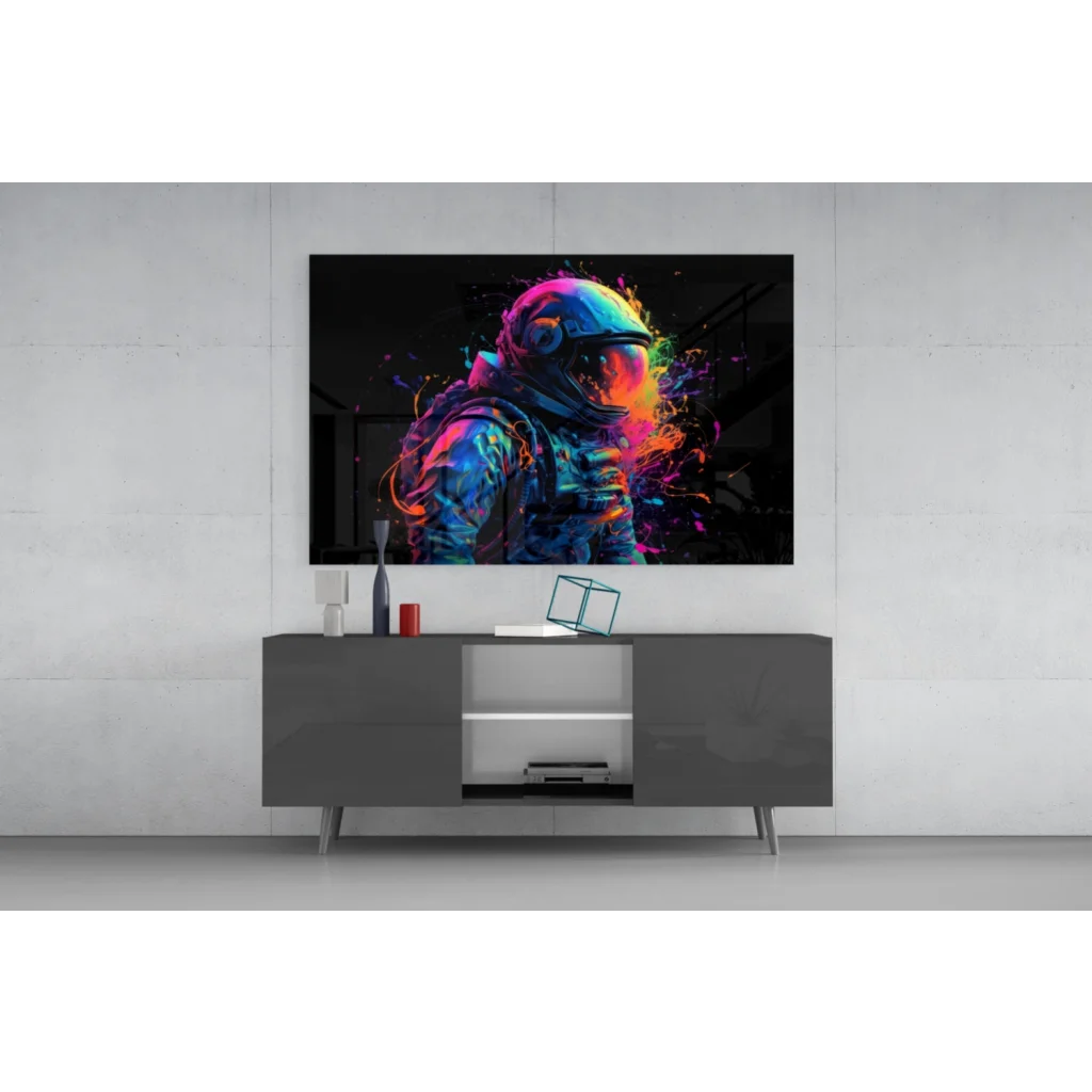 Vibrant neon astronaut glass wall art with rainbow paint splashes