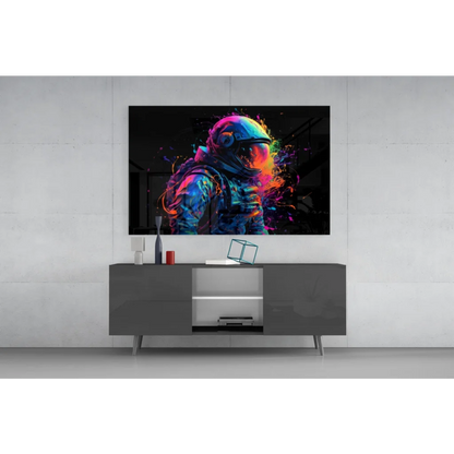 Vibrant neon astronaut glass wall art with rainbow paint splashes