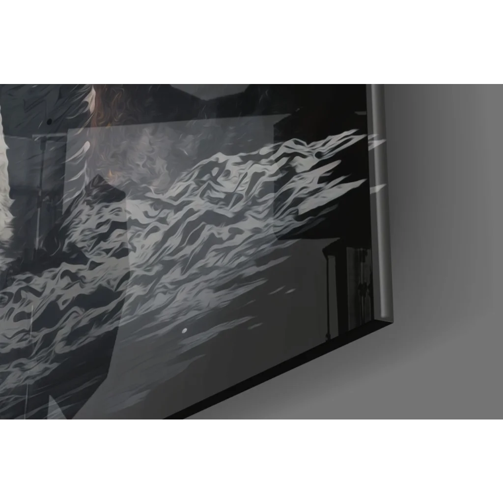 Sleek black-framed canvas wall art print of turbulent waves in space explorer style