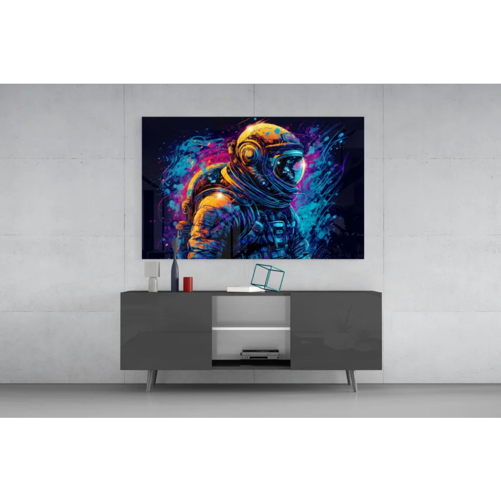Vibrant neon astronaut canvas wall art with glowing cosmic colors