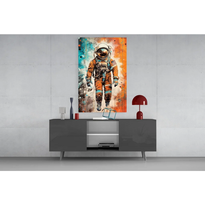 Vibrant astronaut wall art canvas with bold teal orange splashes