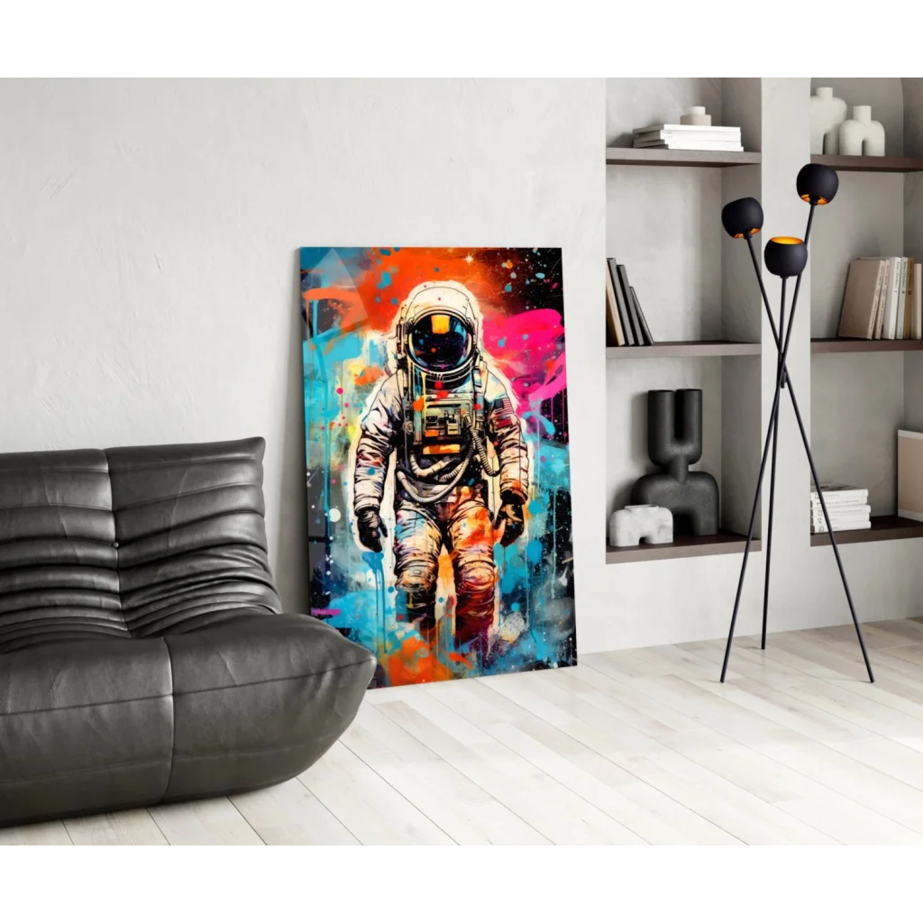 Vibrant cosmic astronaut wall art canvas with orange, pink, blue splashes