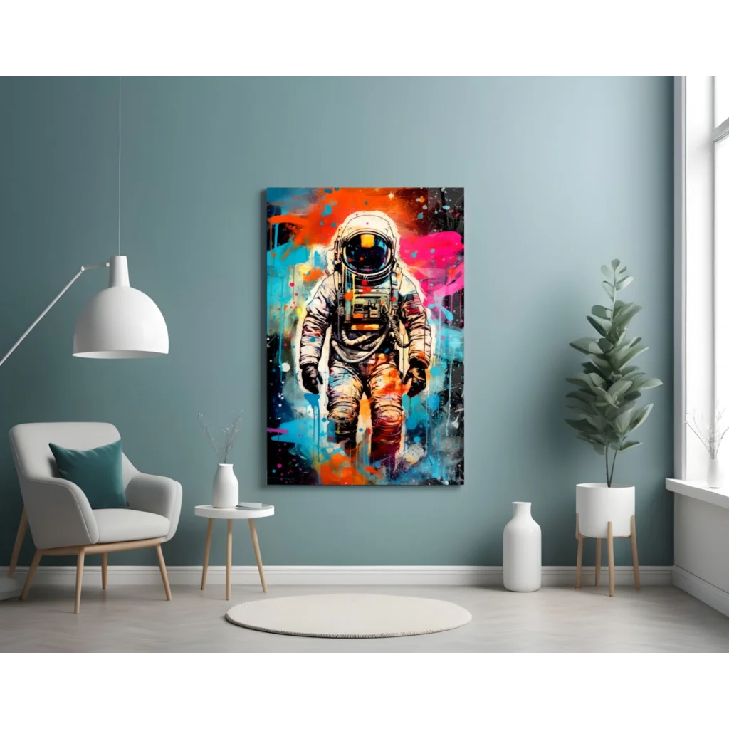 Vibrant cosmic astronaut canvas wall art with orange, pink, blue splashes