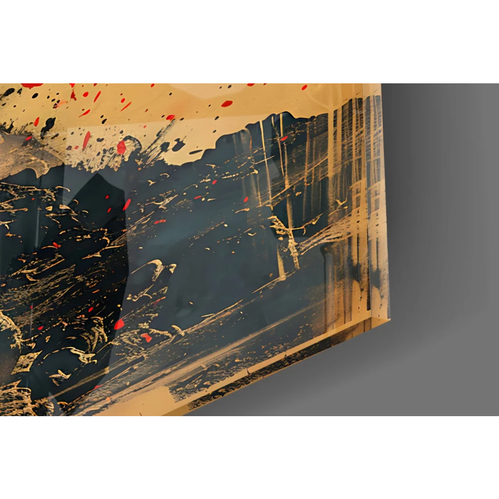 Bold abstract astronaut space explorer canvas wall art with black, gold, red splatters