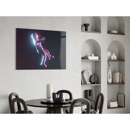 Neon astronaut glass wall art with electric glow on white wall
