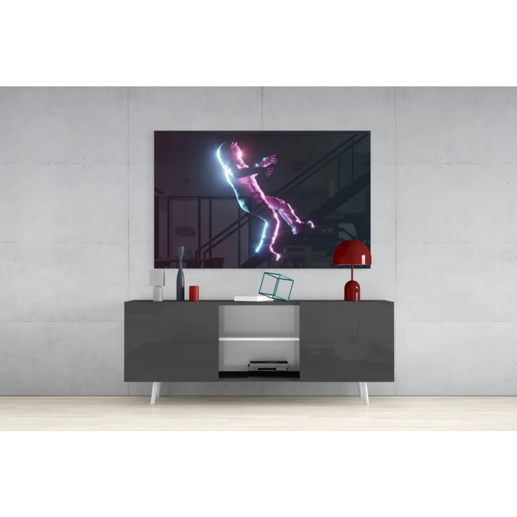 Vibrant neon astronaut in mid-air on dark stairs glass wall art