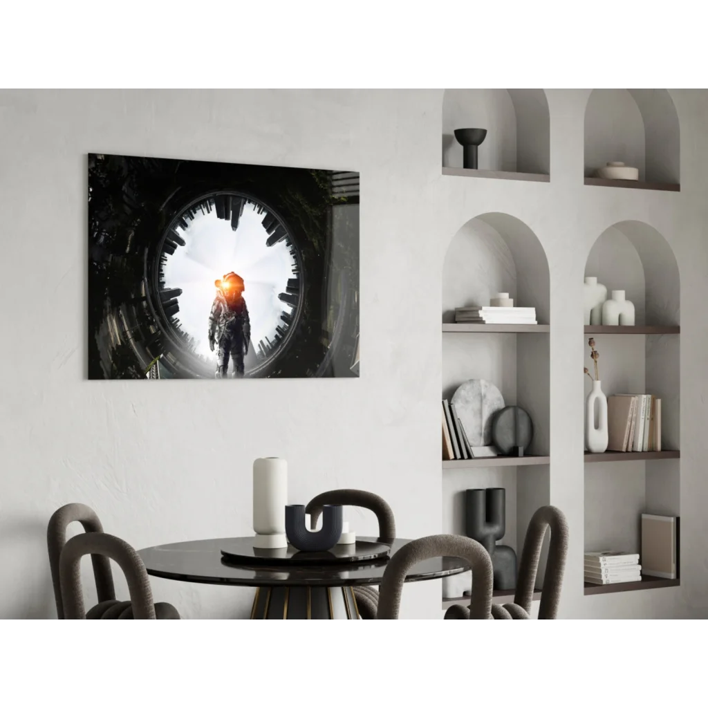 Black and white glass wall art of astronaut in lit tunnel