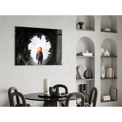 Black and white glass wall art of astronaut in lit tunnel