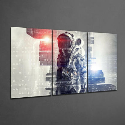 Futuristic astronaut triptych canvas wall art with digital glitch