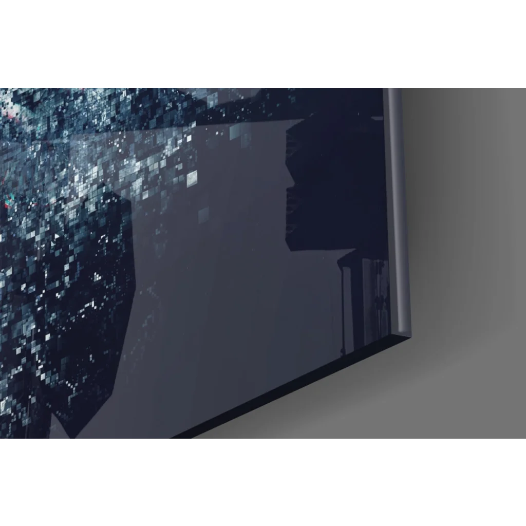 Sleek dark gray glass wall art TV with thin frame and pixelated display
