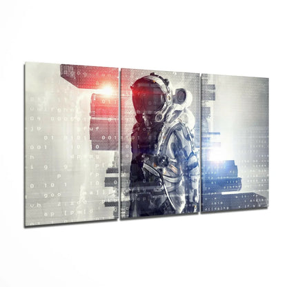 Futuristic astronaut triptych canvas wall art with glitch binary code