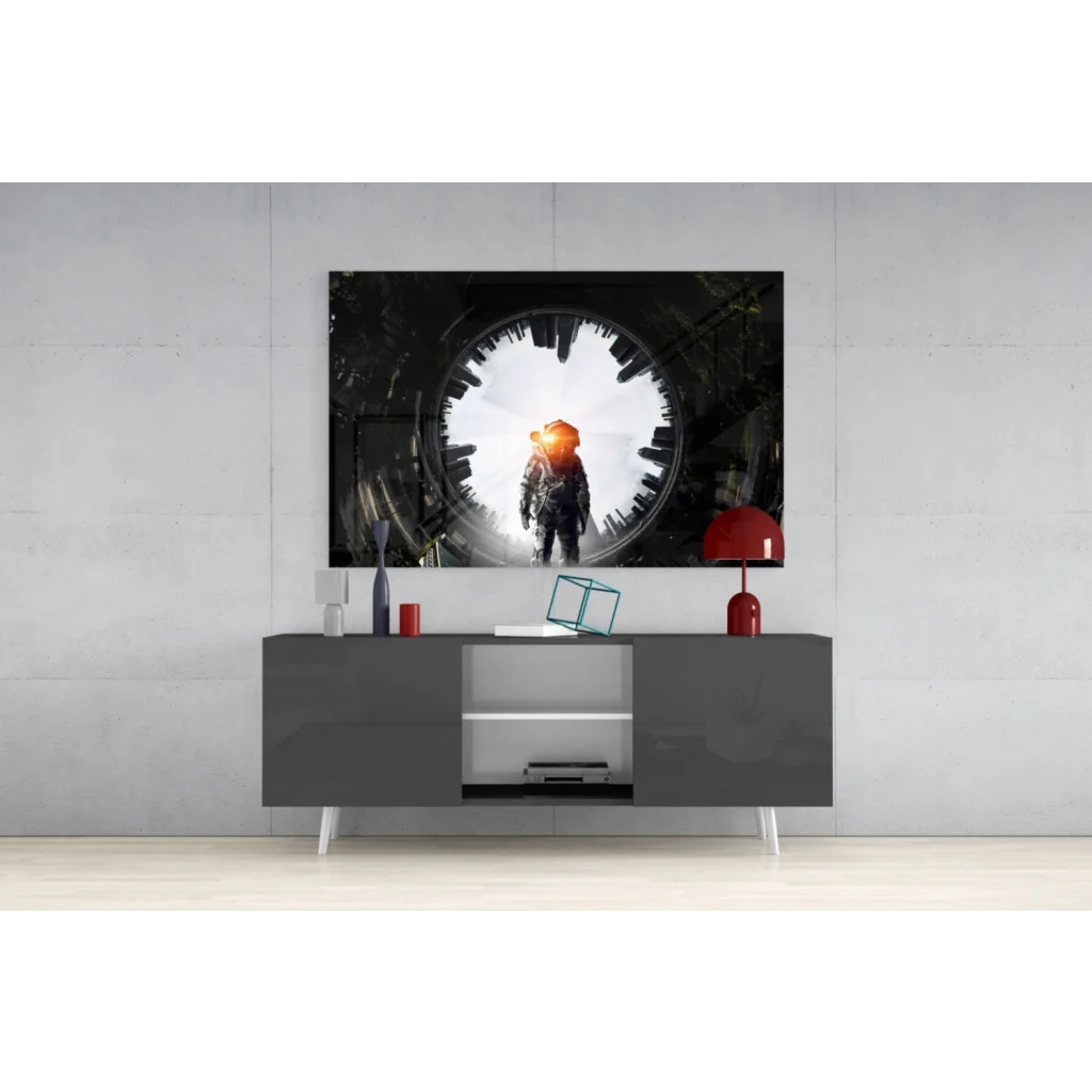 Black and white astronaut glass wall art with glowing orange helmet and cityscape tunnel