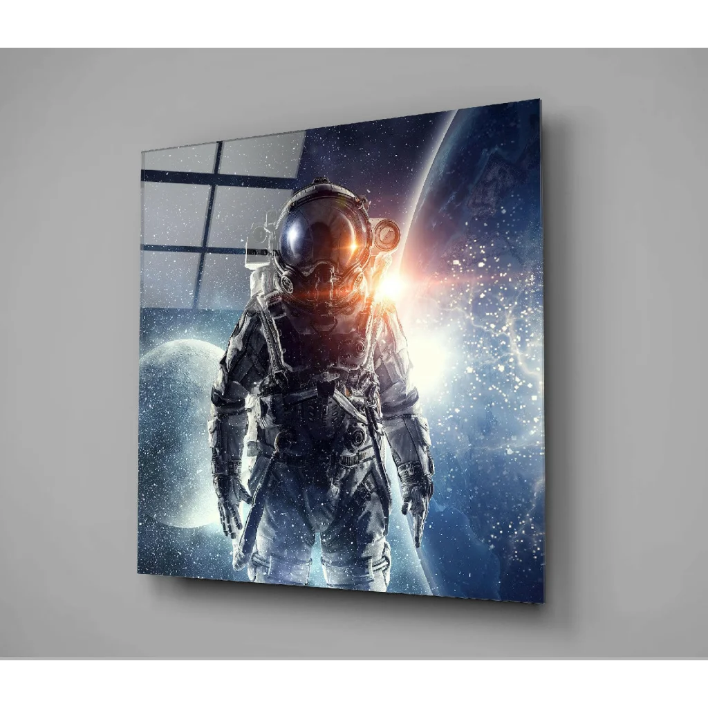 Stunning glass wall art of detailed astronaut in cosmic space backdrop