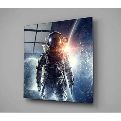 Stunning glass wall art of detailed astronaut in cosmic space backdrop