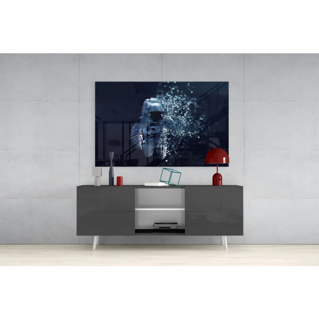 Sleek gray console table with white legs under glass wall art print