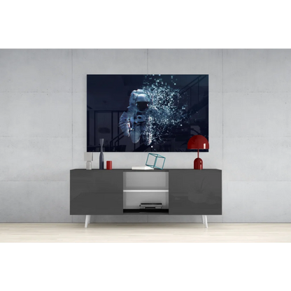 Sleek gray console table with white legs under glass wall art print