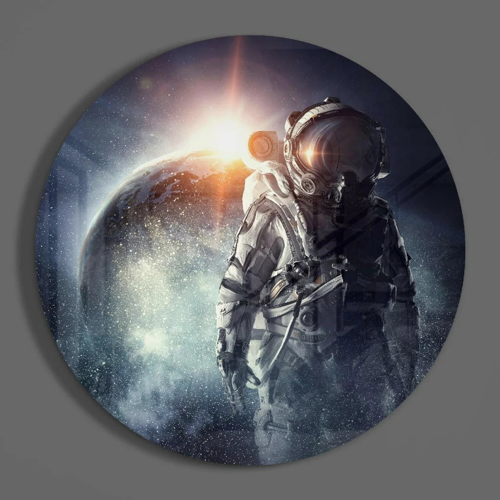 Detailed astronaut in tempered glass art, cosmic backdrop with Earth