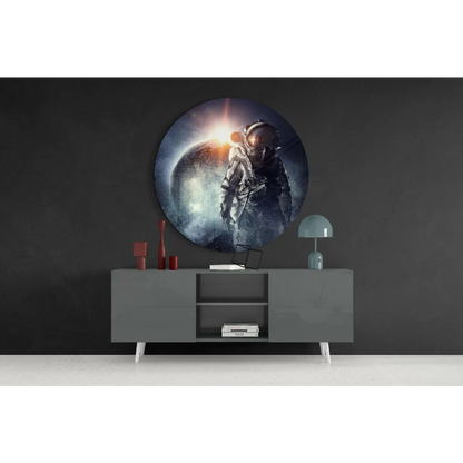 Vibrant astronaut tempered glass art on cosmic backdrop, size comparison shown