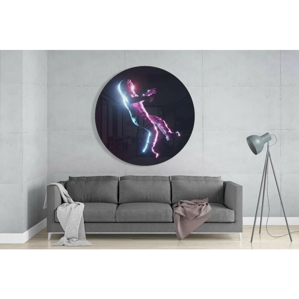 Neon Astronaut Tempered Glass Art With Size Comparison Guide | Glass Wall Art Print | vintageantiquesgifts.com