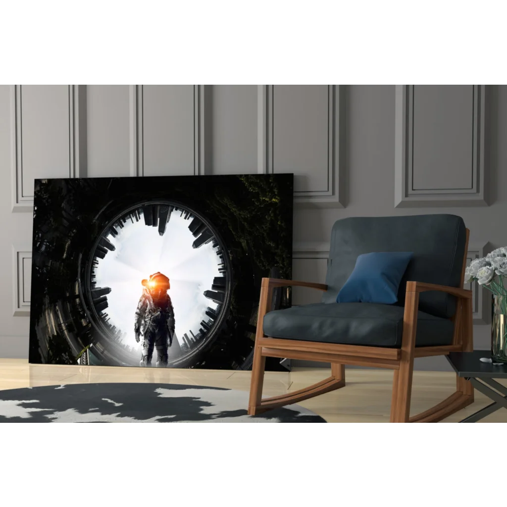 Black and white astronaut before glowing portal glass wall art print