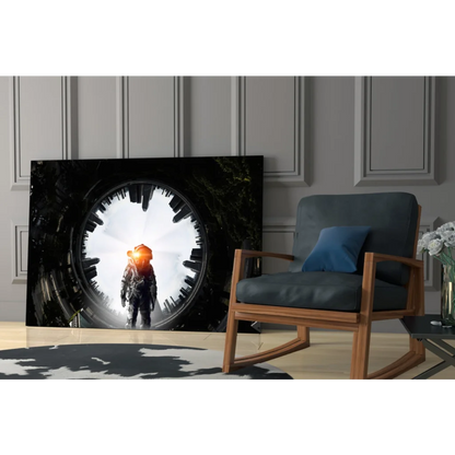 Black and white astronaut before glowing portal glass wall art print