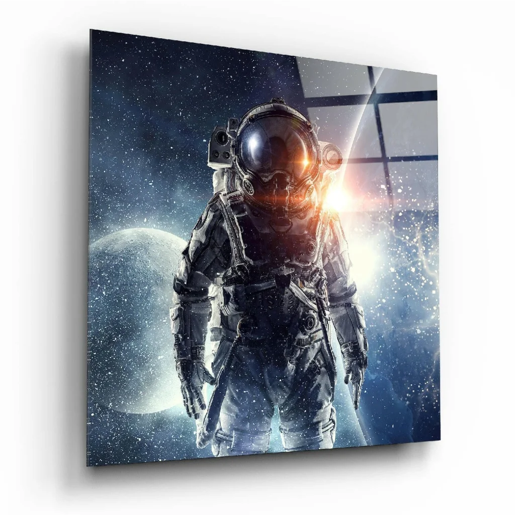 Sleek silver astronaut in glass wall art against starry cosmos