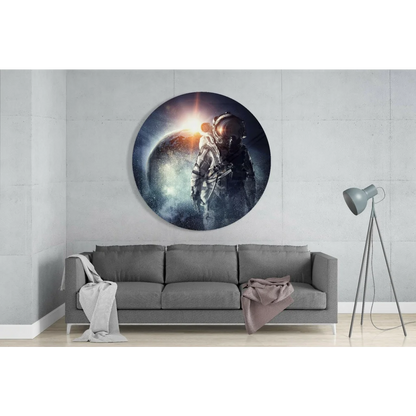Circular tempered glass art of astronaut in cosmic nebula backdrop