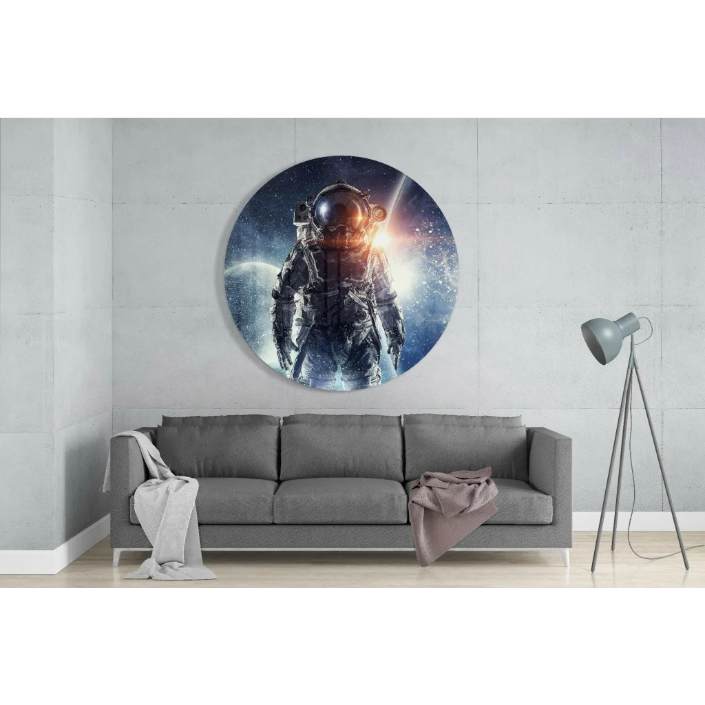Cosmic astronaut tempered glass art with glowing stars and nebulae