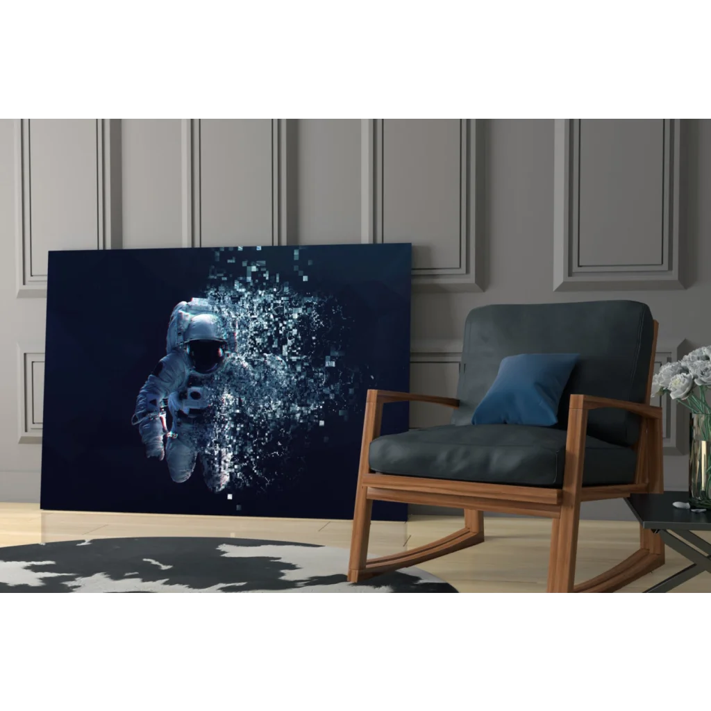 Futuristic astronaut dissolving into pixels on sleek dark blue glass wall art