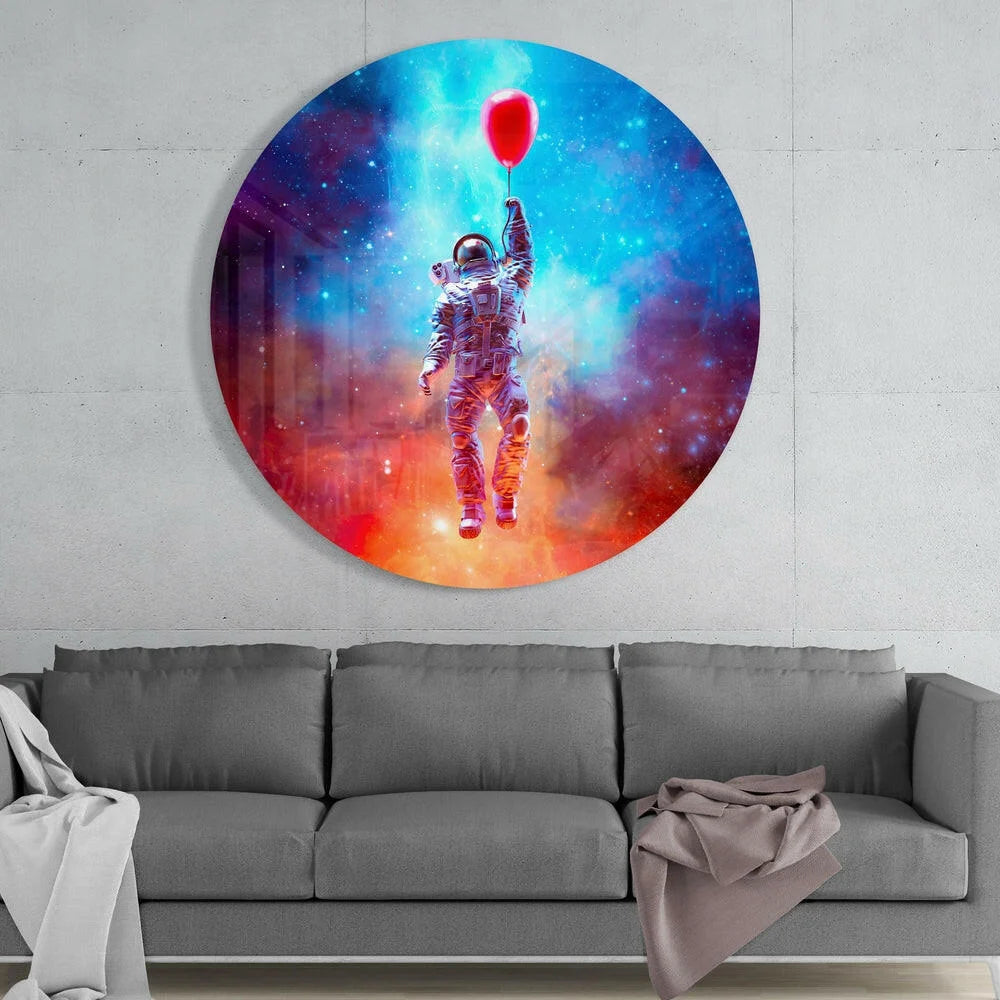 Stunning tempered glass art of astronaut in cosmic nebula with red balloon