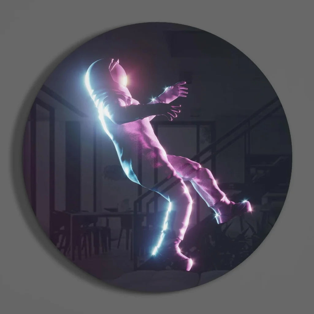 Neon Astronaut Tempered Glass Art With Size Comparison Guide | Modern Wall Art Decor | vintageantiquesgifts.com