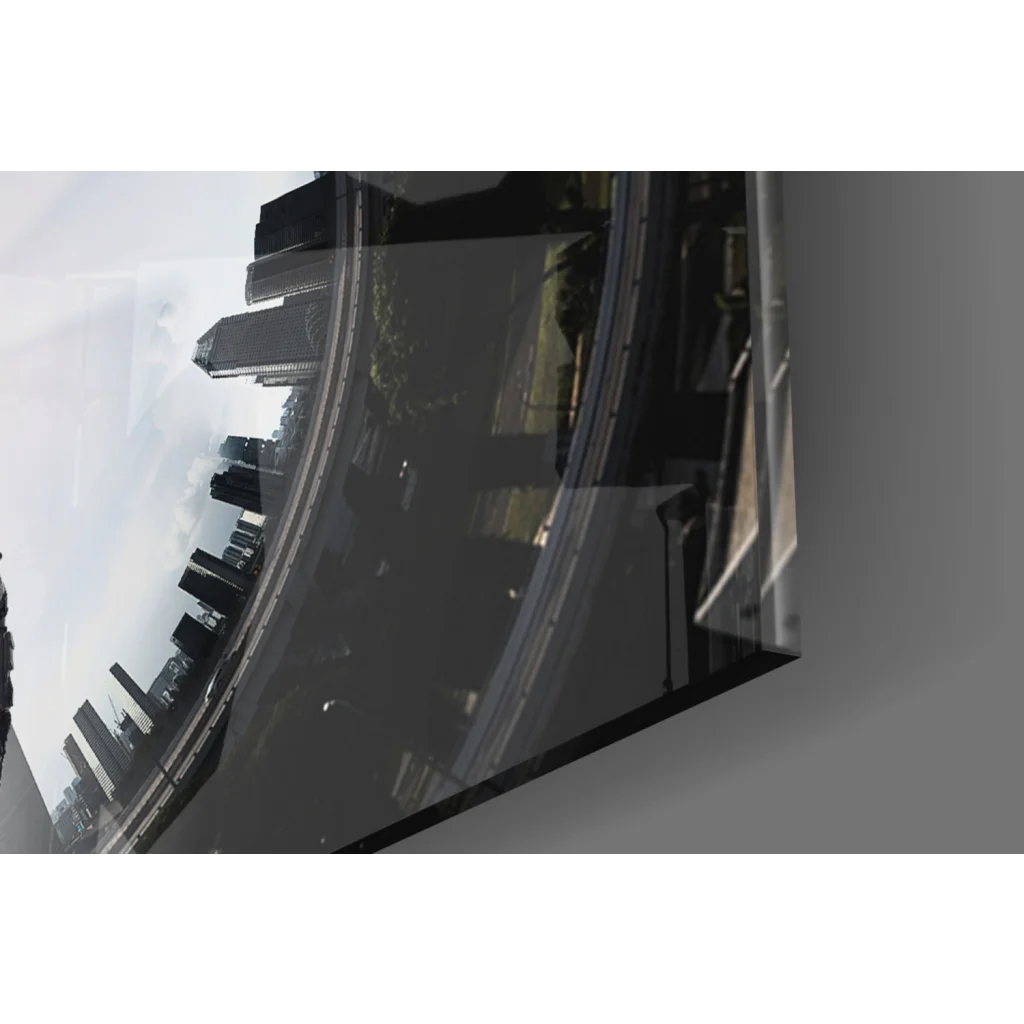 Sleek black-framed glass wall art with distorted cityscape reflection