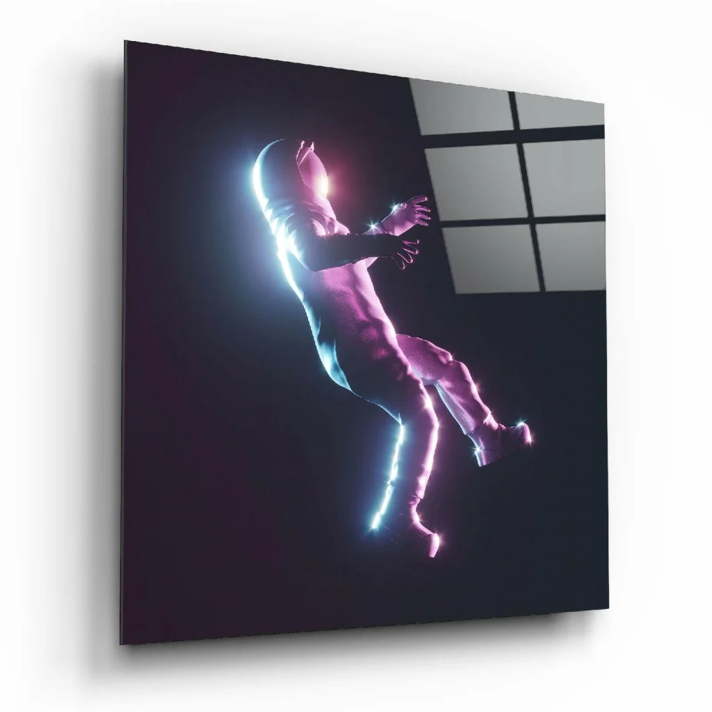 Glowing neon astronaut glass wall art canvas print