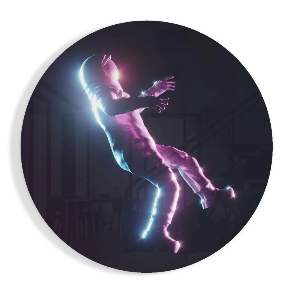 Neon Astronaut Tempered Glass Art With Size Comparison Guide | Insigneart USA | vintageantiquesgifts.com