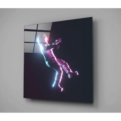 Glowing neon astronaut in motion on sleek glass wall art
