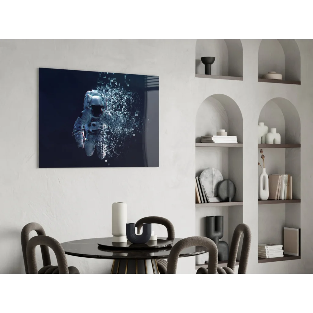 White astronaut dissolving into particles on glass wall art print