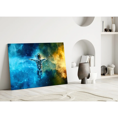 Astronaut floating in swirling blue orange nebula wall art canvas print