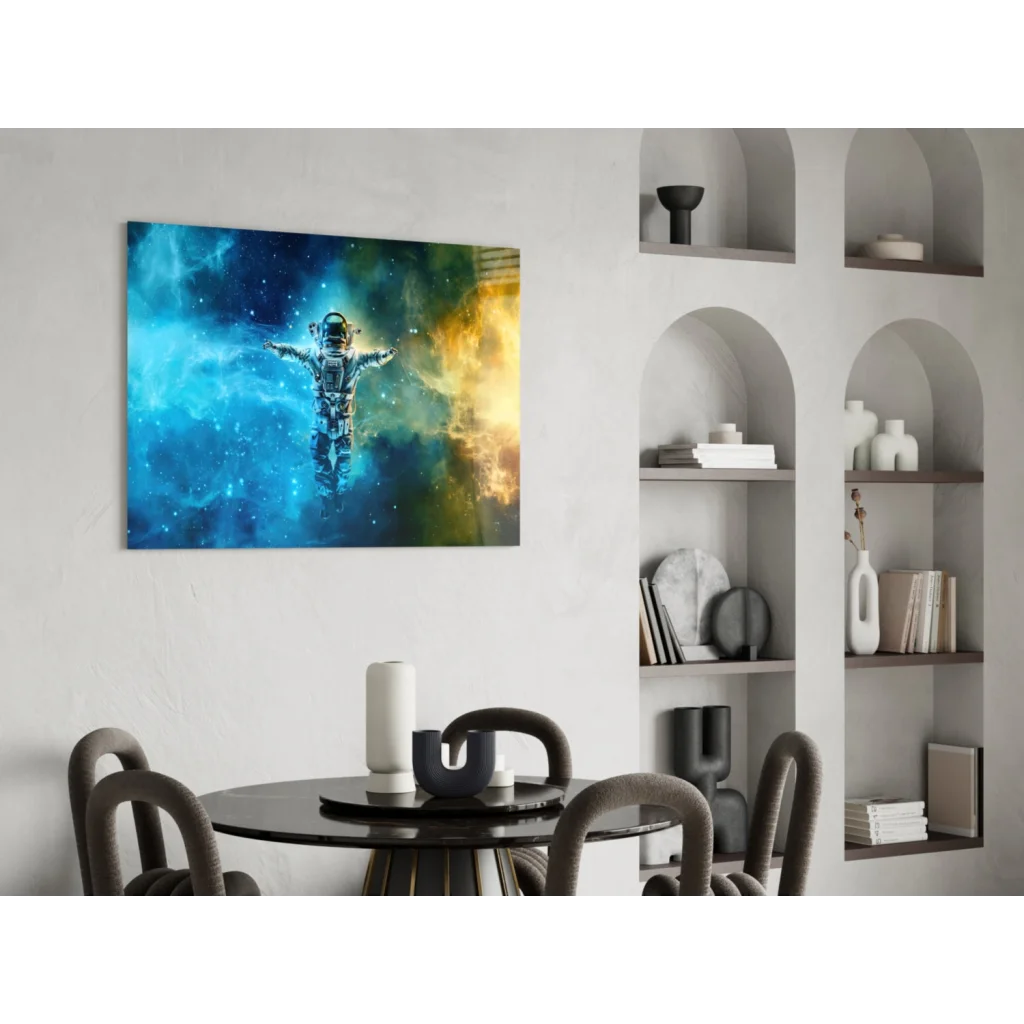 Astronaut floating in swirling blue orange nebula space wall art canvas print