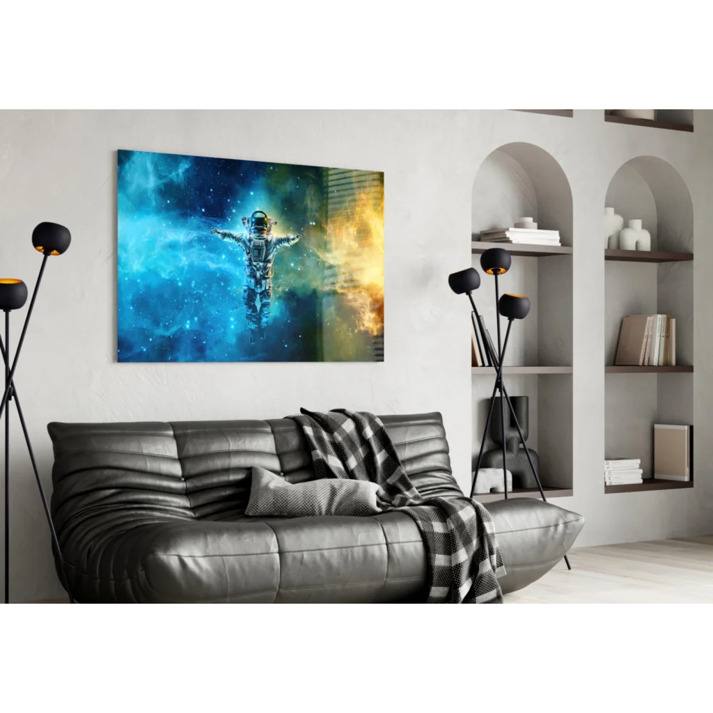 Astronaut floating in swirling blue yellow nebula wall art canvas