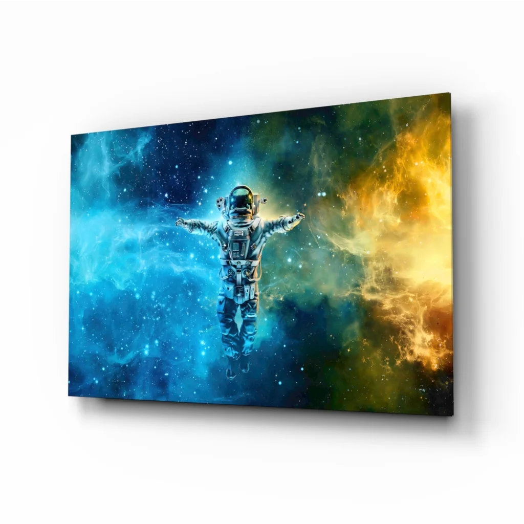 Sleek silver astronaut canvas wall art with blue nebula backdrop