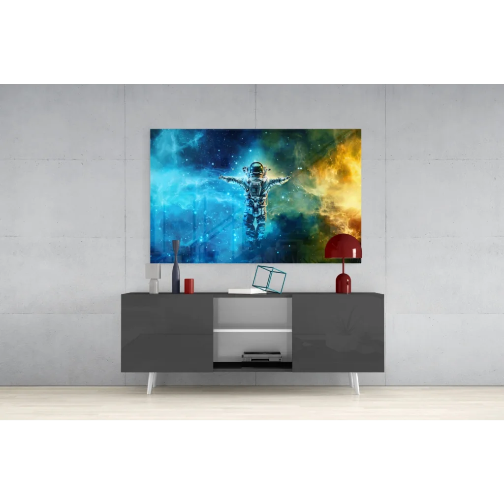 Vibrant cosmic astronaut wall art canvas print with swirling blue orange nebulae