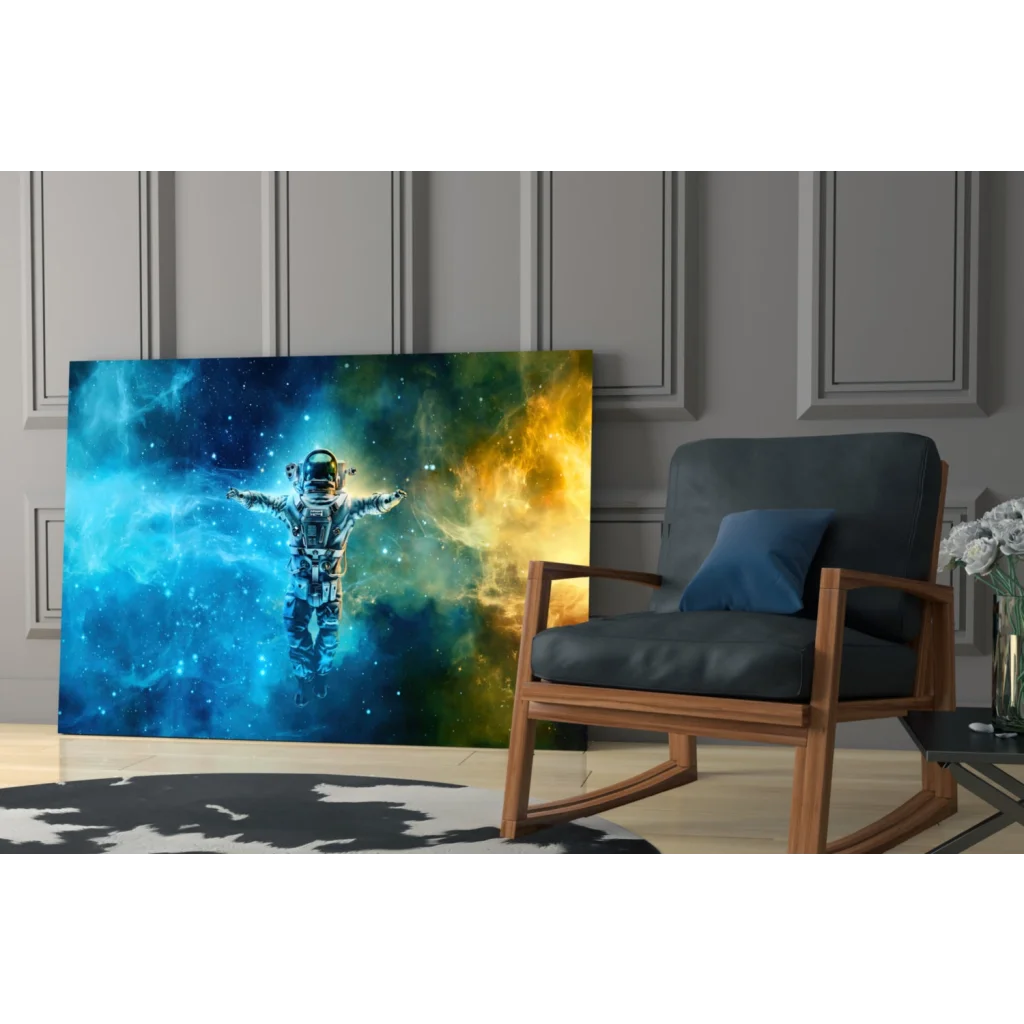 Astronaut floating in vibrant blue, green, golden nebula wall art print