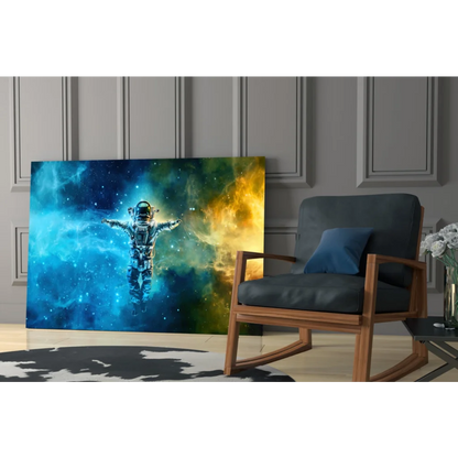 Astronaut floating in vibrant blue, green, golden nebula wall art print