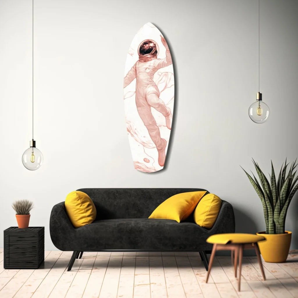 Sleek astronaut surfboard tempered glass art with size comparison