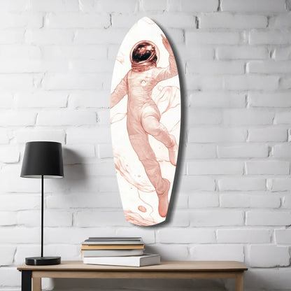 Sleek astronaut tempered glass art surfboard with size comparison